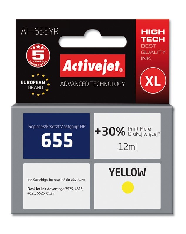 Ngjyrë për printer Activejet AH-655YR (zëvendësim për HP 655 CZ112AE), 12 ml, e verdhë