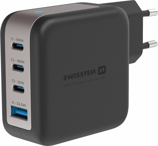 Karikues Swissten GaN, 3x USB C 100W PD, 1x USB A 18W QC, i zi