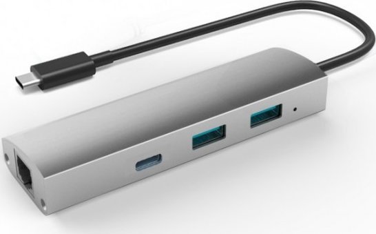Adapter USB C në HUB, 2x USB 3.0, USB C, Gigabit Ethernet, argjent