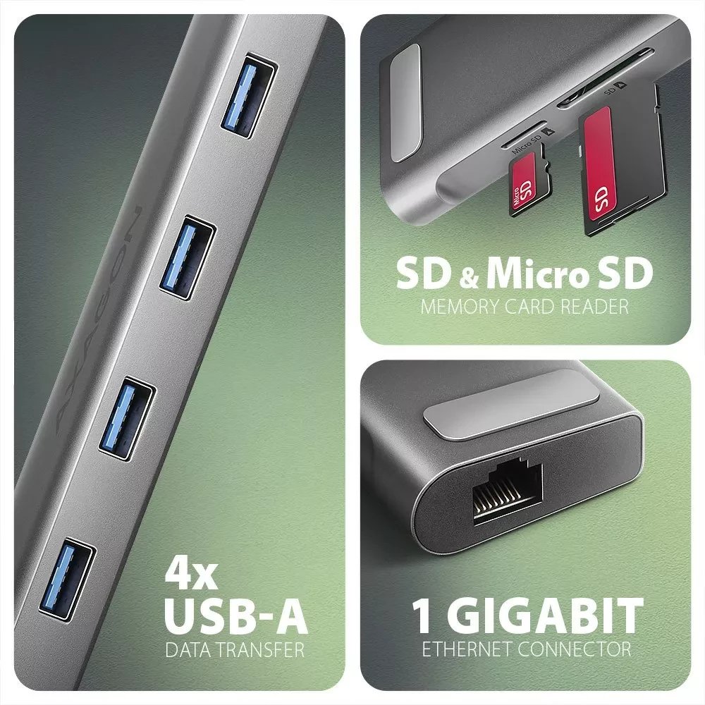 HUB USB Axagon HMC-10HLS, 9in1, USB C, HDMI 4K, gri