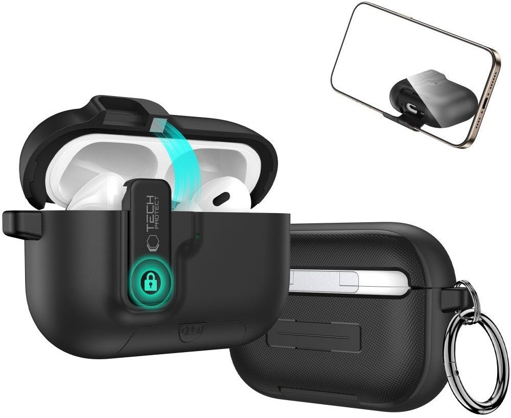 Kuti mbrojtëse Tech-Protect Slim Hook për Apple AirPods Pro 3, polikarbonat, me karabinë, e zezë
