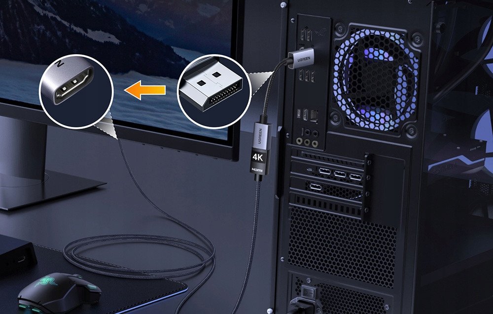 Адаптер ДисплејПорт во ХДМИ UGREEN, 2 парчиња, 4K, плетен кабел, црн