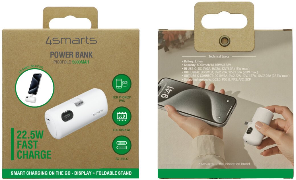 Powerbank 4smarts PicoFold, 5000mAh, 22.5W, e bardhë