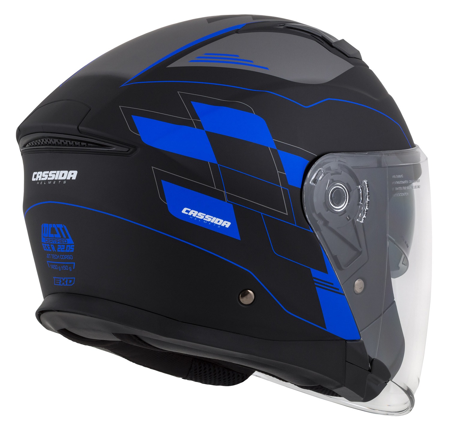Helmeta jet Cassida Jet Tech RoxoR, polikarbonat, me diellore, e zezë mat me blu gri dhe e bardhë