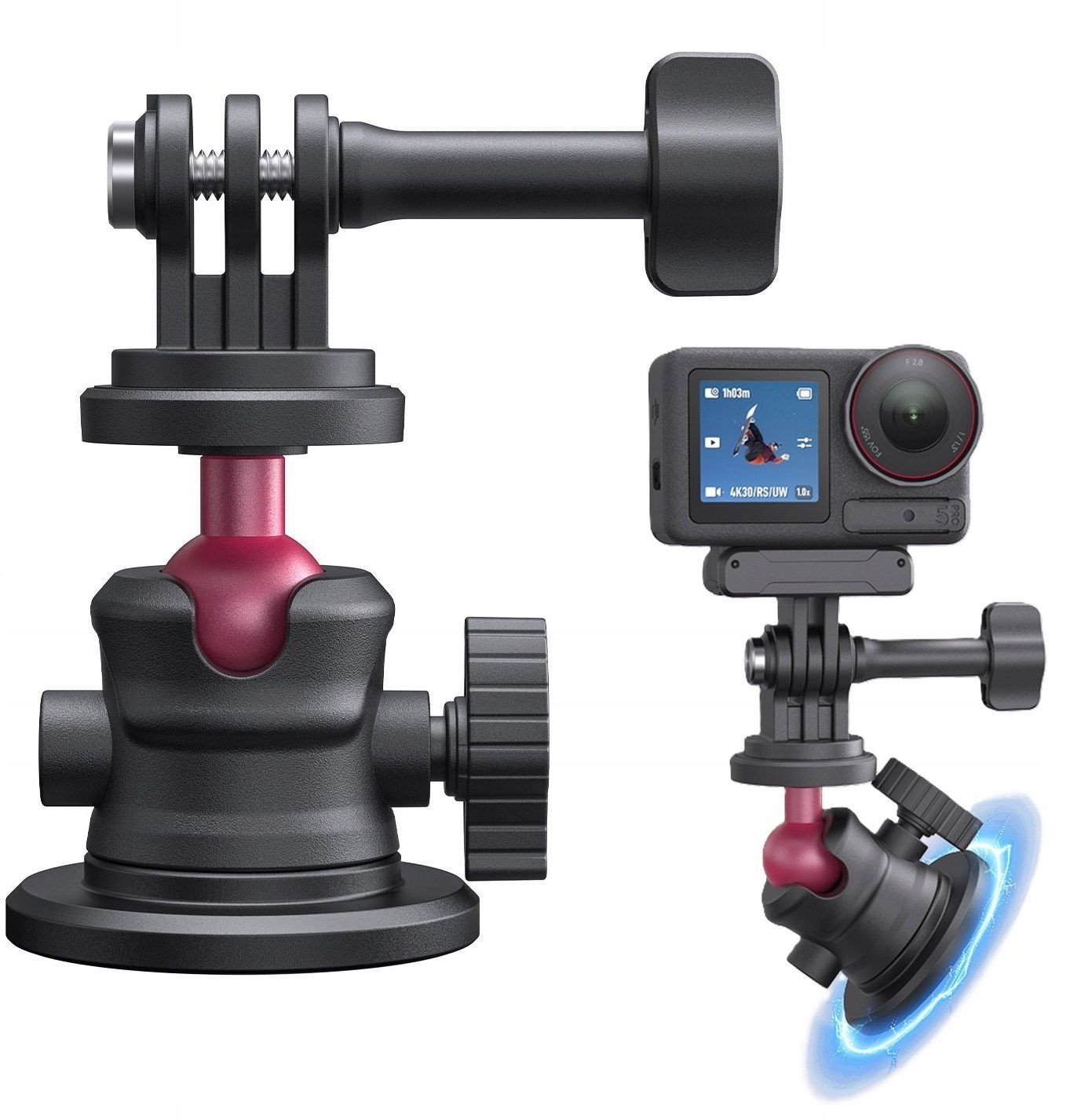Mbajtëse magnetike Telesin me kokë sferike për action cam, montim metalik, kompakte, e zezë