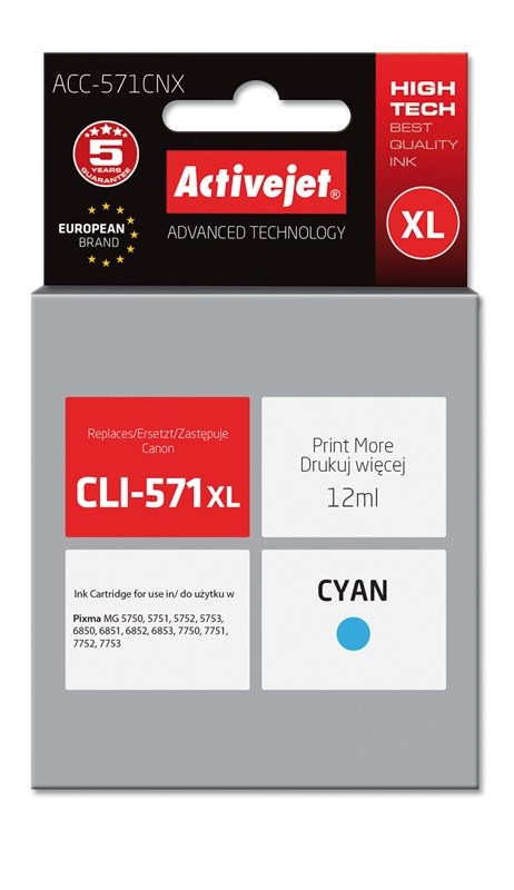 Ngjyrë për printer Activejet ACC-571CNX (zëvendësim për Canon CLI-571C XL), 12 ml, e kaltër