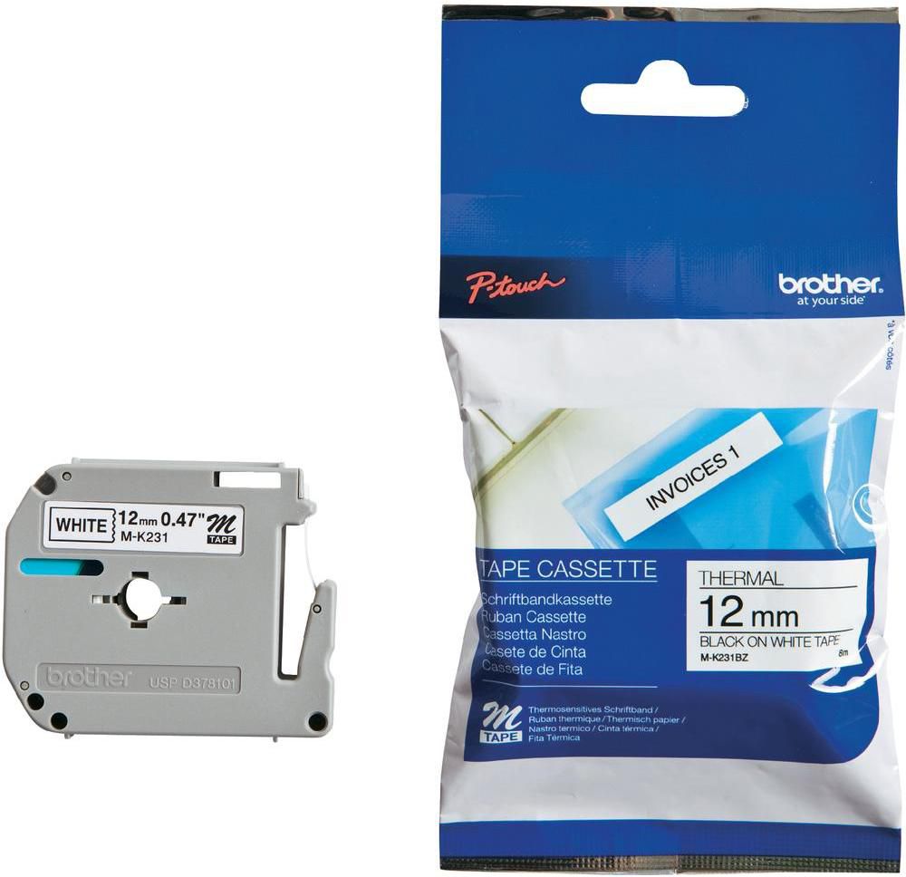 Etiketë për printer Brother MK231, 12mm, e bardhë / zezë