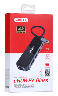 USB Hub Unitek, USB-C, 6 porte, 4K HDMI, PD 100W, i hirtë