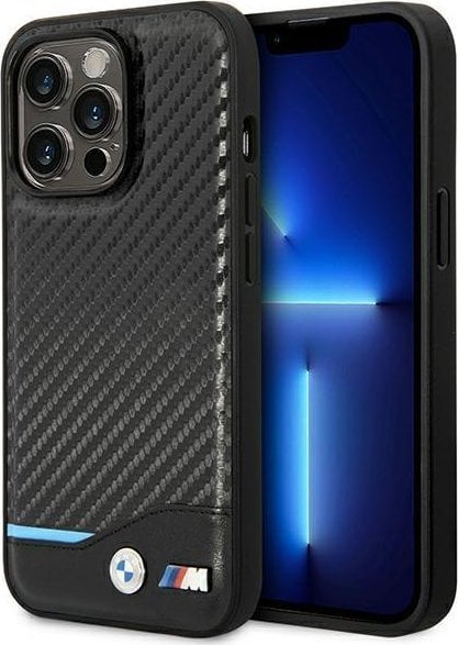 Kapak telefoni BMW për iPhone 14 Pro, efekt karboni, me logo të printuar, i zi
