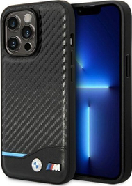 Kapak telefoni BMW për iPhone 14 Pro, efekt karboni, me logo të printuar, i zi