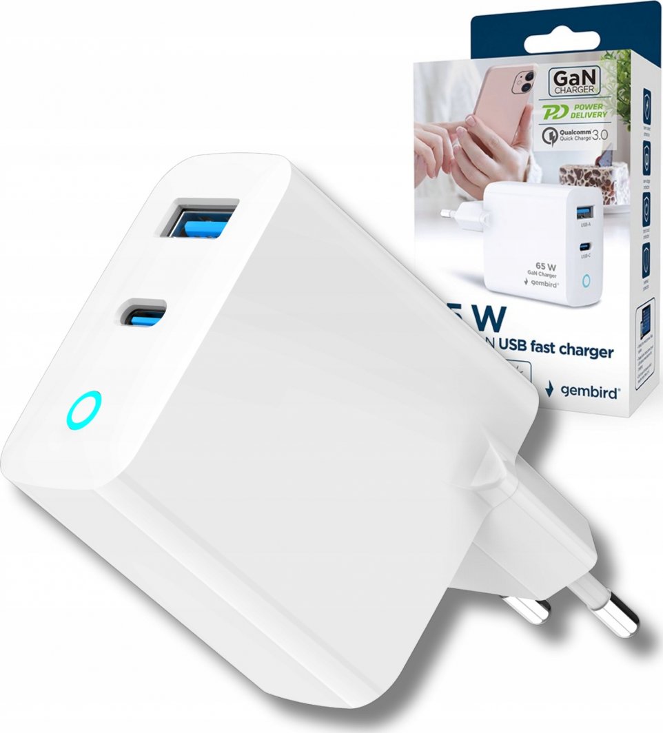 Karikues Gembird GaN 2-Port, 30W, USB Type-C + USB-A, i bardhë