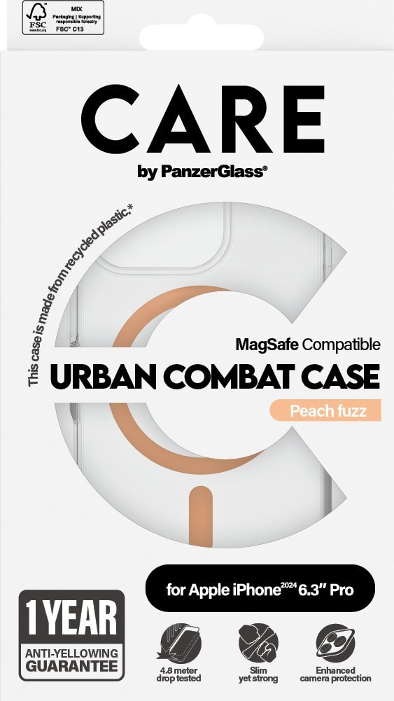 Mbulesë PanzerGlass 0 CARE Flagship Case për iPhone 16 Pro, MagSafe, transparente Urban Combat Peach