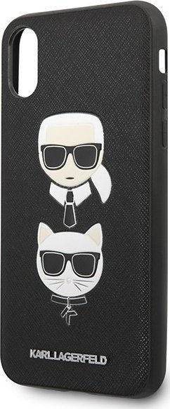 Mbulesë telefoni Karl Lagerfeld KLHCPXSAKICKCBK, për iPhone X XS, hardcase Saffiano Ikonik Karl dhe Choupette, e zezë