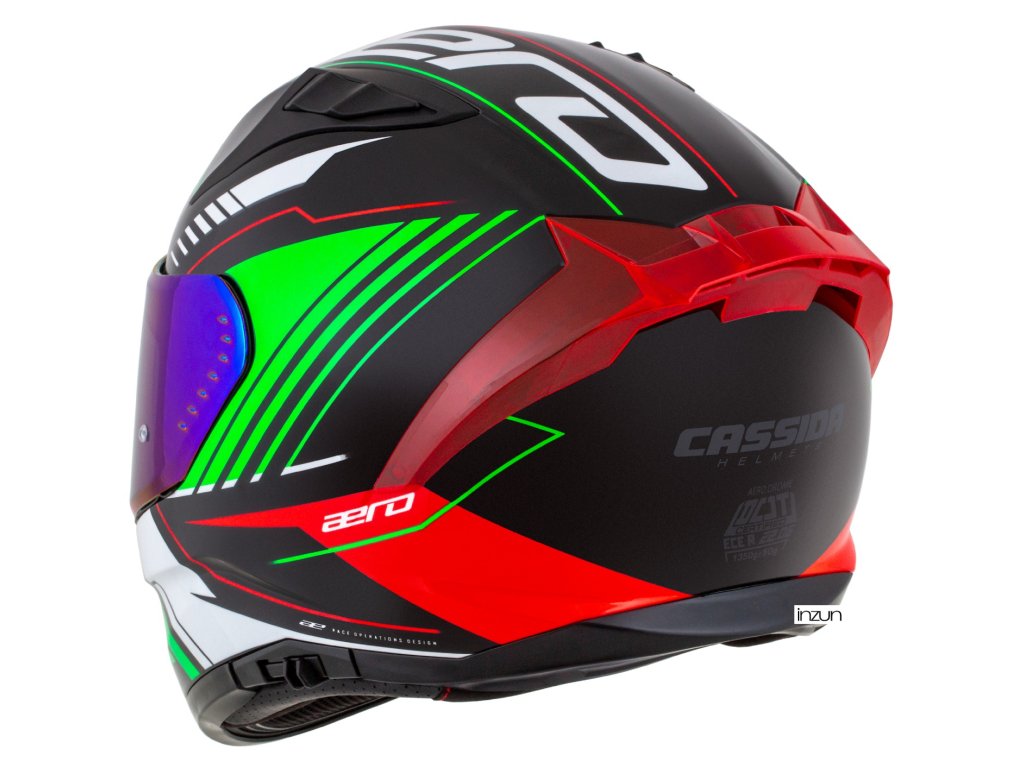 Helmetë moto CASSIDA Aero Drome 2026, integrale, polikarbonat, e zezë metalike kuqe gjelbër bardhë