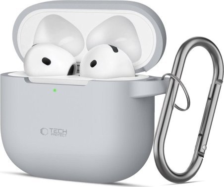 Силиконска навлака Tech-Protect Silicone Hook, за Apple AirPods 4, со карабинер, сива