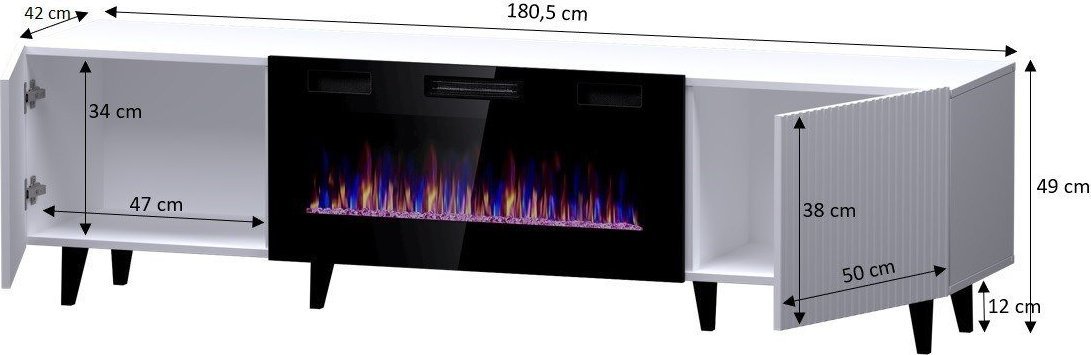 Kabinet TV Bed Meble Paphos EF me oxhak elektrik, 180x42x49 cm, MDF, i bardhë mat