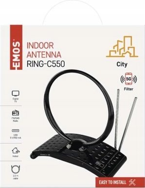 Antena e brendshme Emos CITY RING C550, DVB T2 DAB FM, filter LTE 4G 5G, e zezë