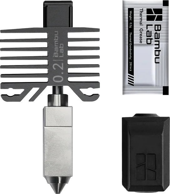 Hotend për printer 3D Bambu Lab, gryka 0.2 mm çelik inox, kompatibil me X1 dhe P1, argjendtë