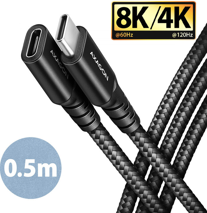 Kabllo AXAGON USB-C(M) - USB-C(F), USB 20Gbps, PD 240W 5A, 8K HD, ALU, 0,5m
