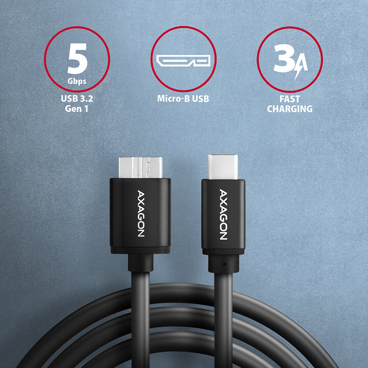Кабел AXAGON USB-C - micro USB 3.2 Gen 1 SPEED, 3A, 1m, црн
