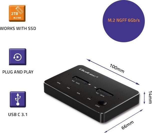 Docking station për SSD QOLTEC 50310, 2x M.2 SATA, USB Type C, i zi