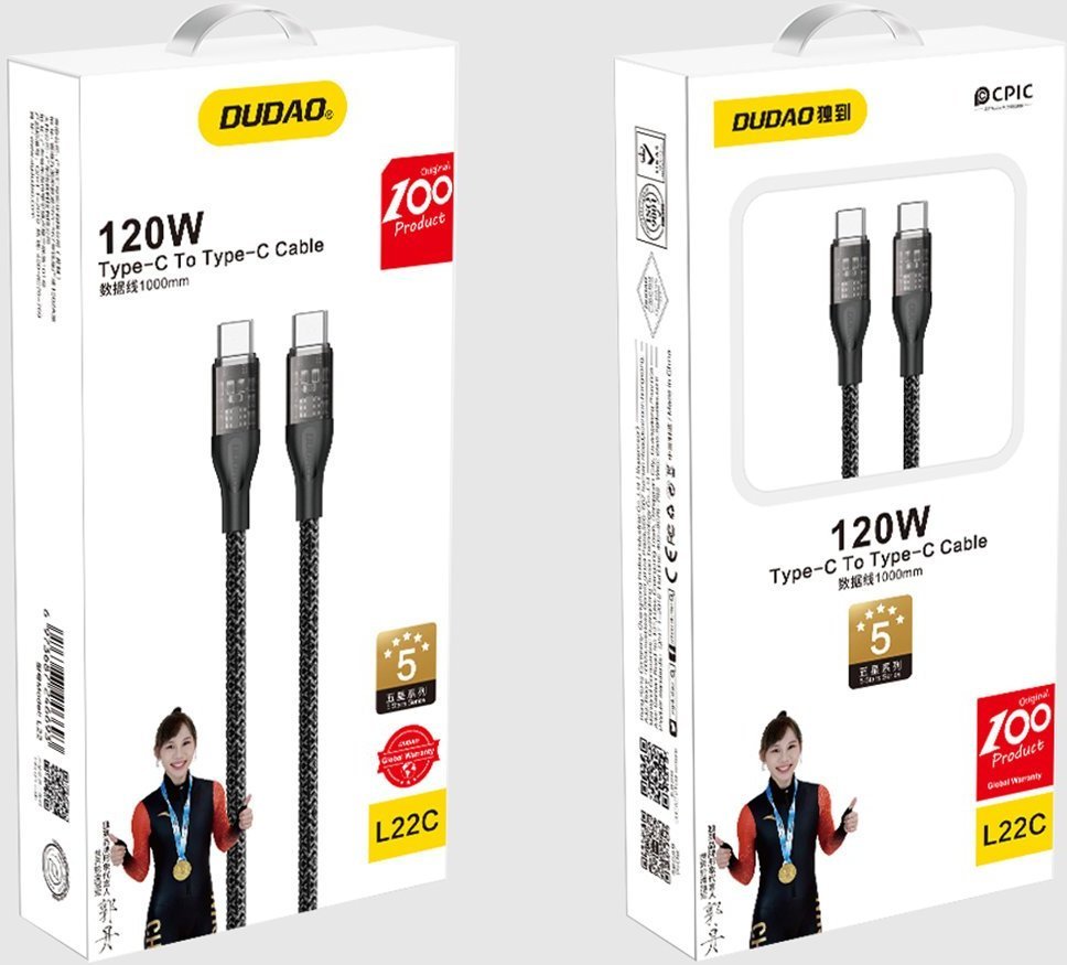Kabllo USB Dudao DDA266, USB C në USB C, 1m, 120W, e zezë