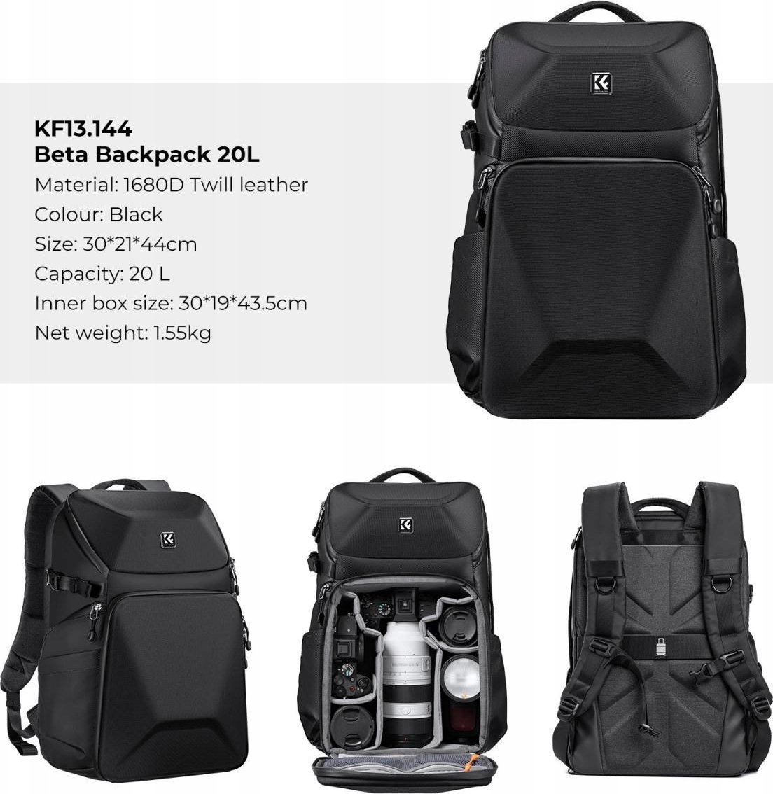 Çantë shpine K&amp;F Concept për kamerë, 17L, e papërshkueshme nga uji, e zezë