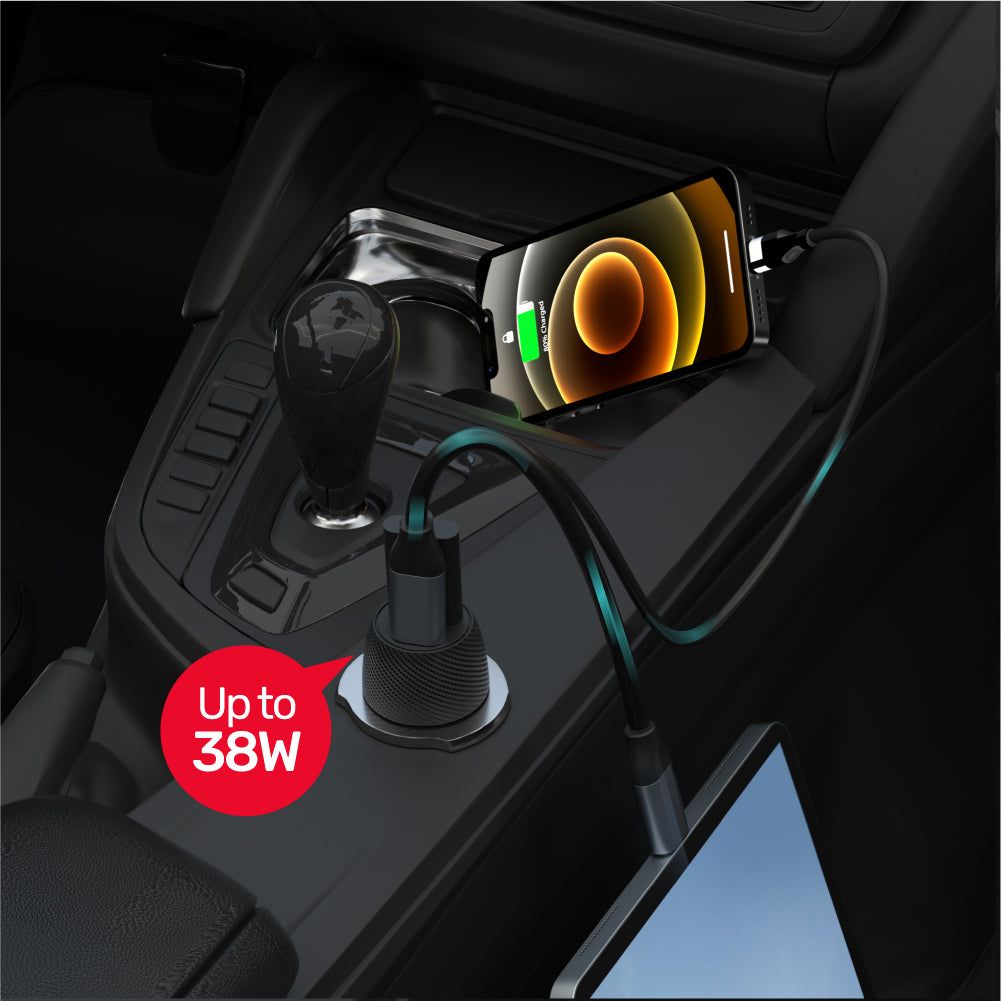 Полнач за автомобил UNITEK Powertrain Duo, 2 USB порти, брзо полнење, црн