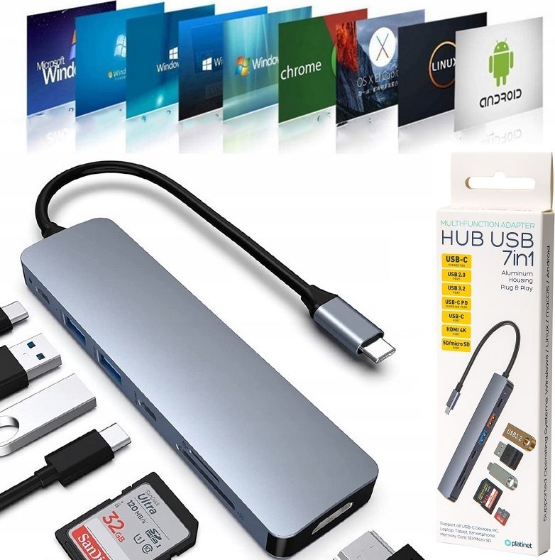 Adapter USB C Platinet Multimedia 7in1, HDMI, Power Delivery 100W, gri