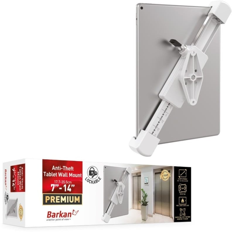 Mbajtëse murale për tablet Barkan, 7-14", me kyç, e bardhë