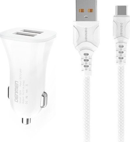 Karikues veture Denmen DZ06T, 15W, 3A, 2xUSB me kabllo Type C, i bardhë