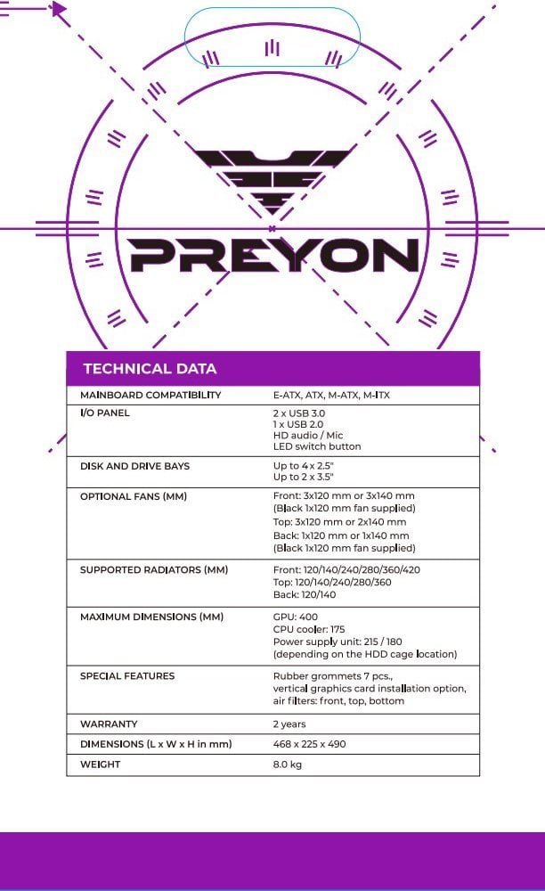 Кутиште за компјутер PREYON Nest Meshy PRENM02B, Midi Tower, страничен панел со прозорец, црно