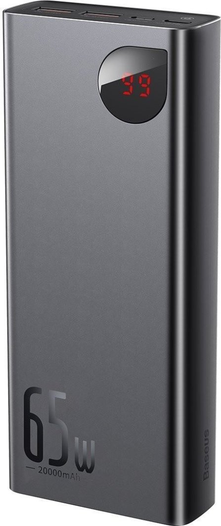 Powerbank me ekran dixhital Baseus Adaman Metal QC + PD, 20000mAh, 65W, i zi + kabllo USB-A/USB-C, 30cm, e zezë