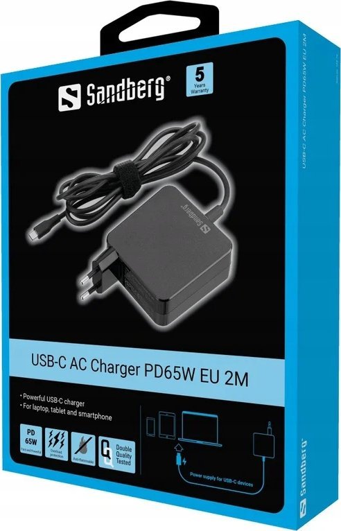 Karikues USB C Sandberg PD65W, 2m, i bardhë