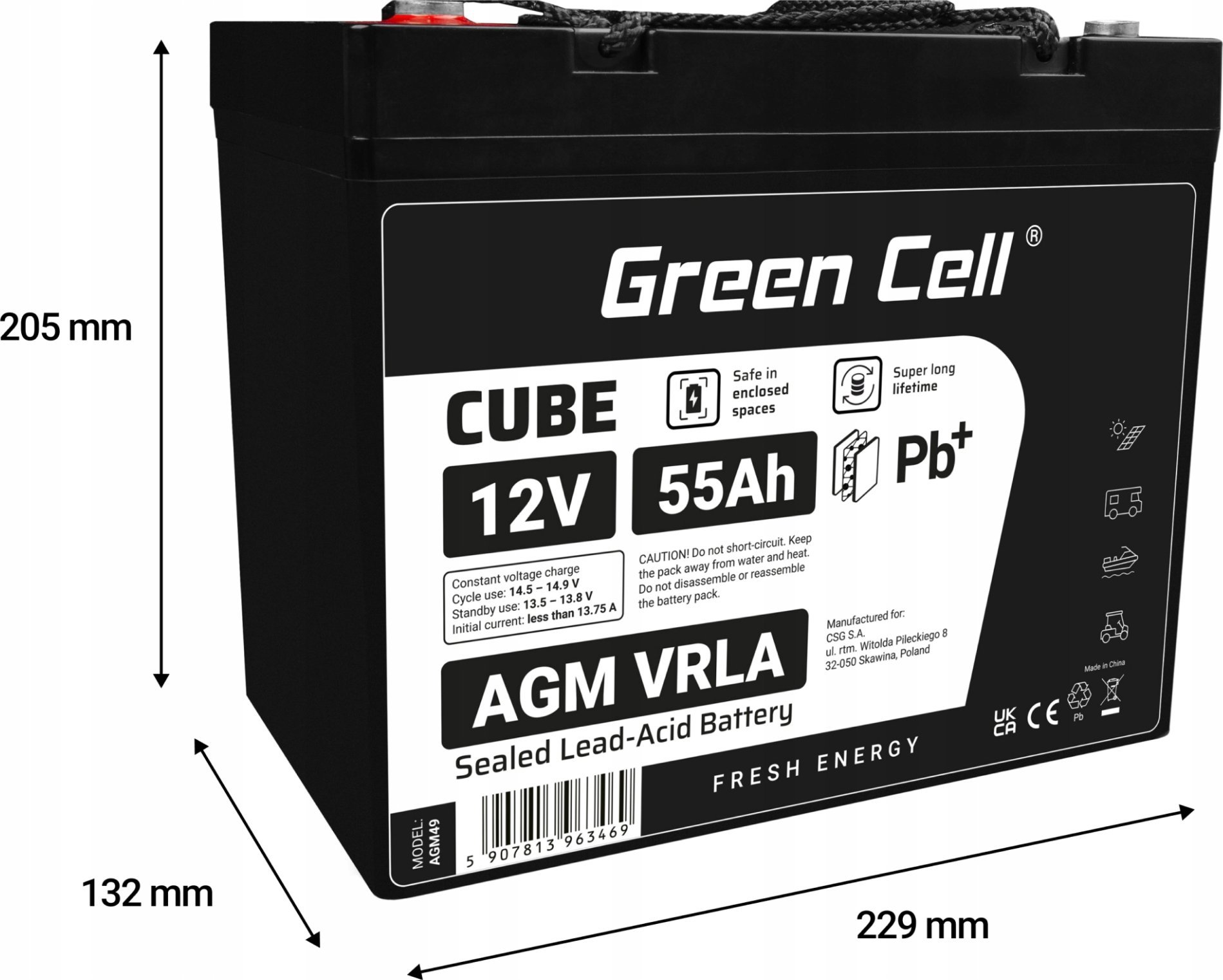 Батерија AGM Greencell 12V 55Ah, VRLA без одржување, IP54, црна