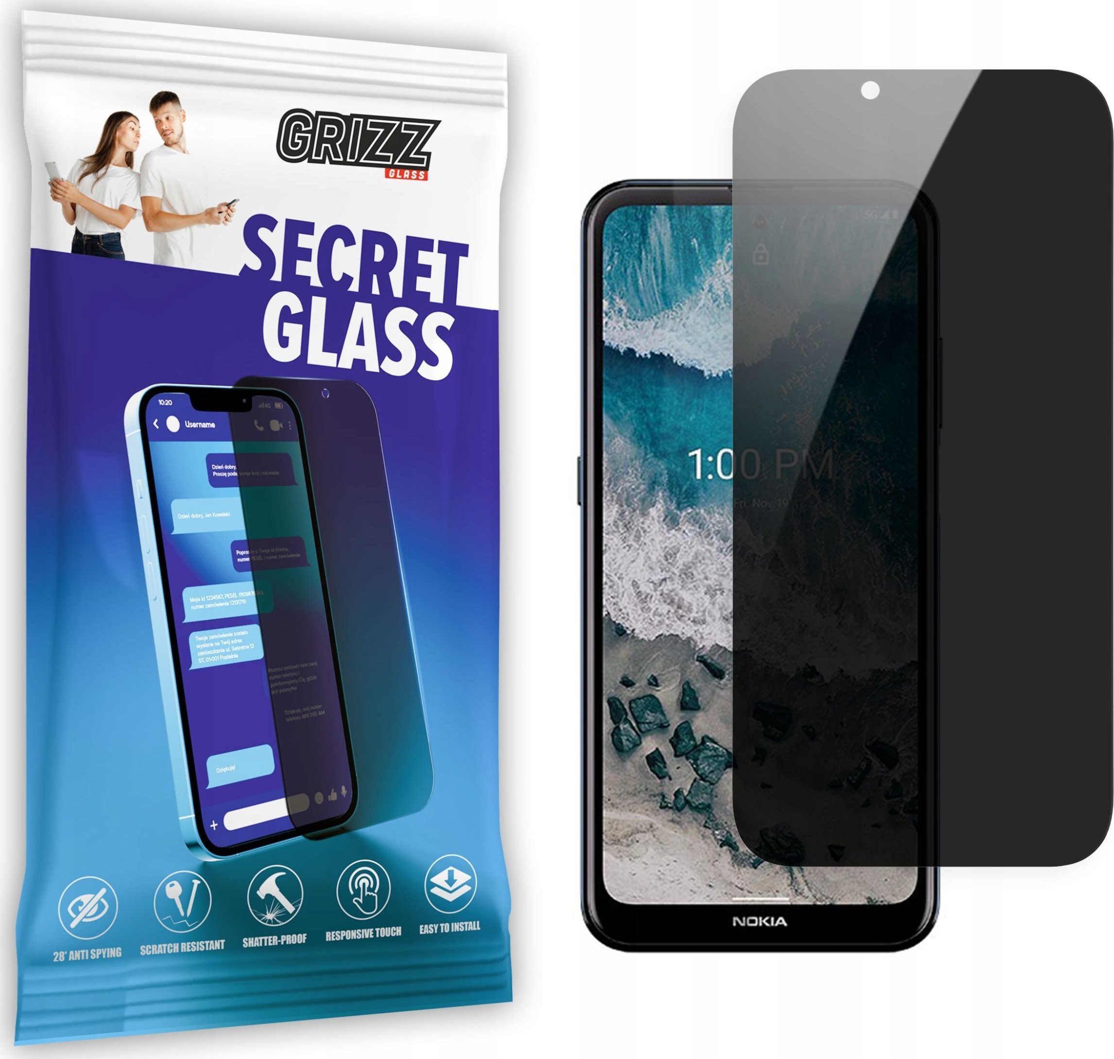 Xham privatësie për ekran Grizz SecretGlass Nokia X100, mbrojtje qeramike, transparencë e lartë, i tejdukshëm