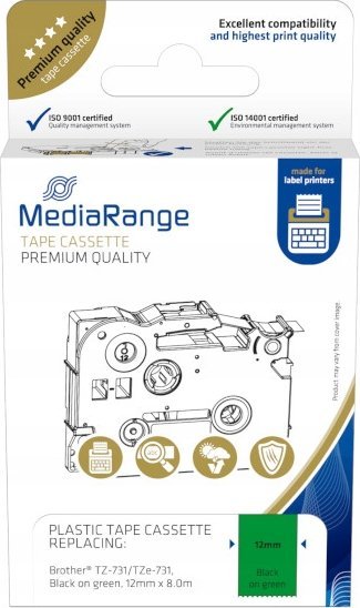Kasetë shirit etiketues MediaRange TZ-731 TZe-731, 12mm, 8m, tekst i zi në sfond jeshil