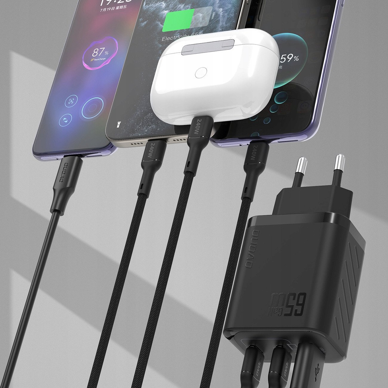 Karikues USB Dudao A29CEU, 65W GaN, 2x USB C 1x USB A, i zi