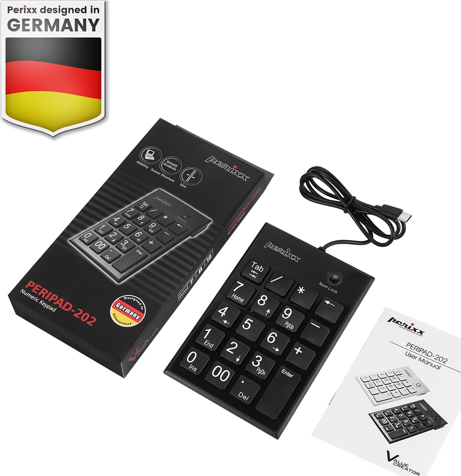 Tastierë numerike Perixx PERIPAD 202C, USB C, 2 porta USB A, e zezë
