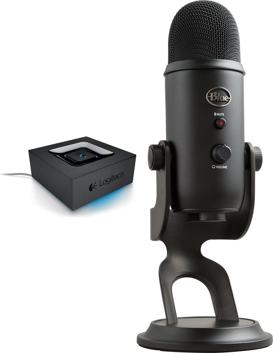 Set audio Logitech Bluetooth Audio Adapter 3.5mm dhe mikrofon USB Blue Yeti Blackout, i zi