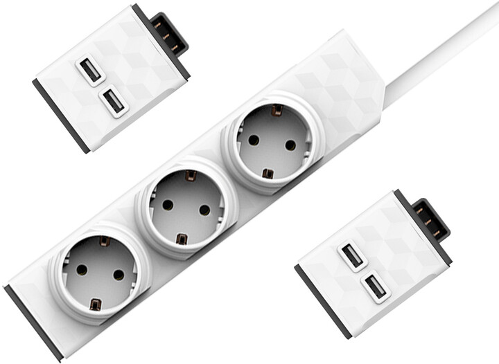 Kabllo me priza PowerCube me sistem modular PowerStrip, 3 priza, 1.5m, e badhë +  2xUSB modul