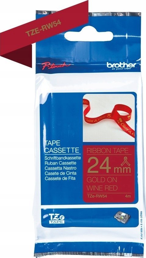 Декоративна лента за етикети Brother TZE-RW54, 24mm, 4m, црвена со златна