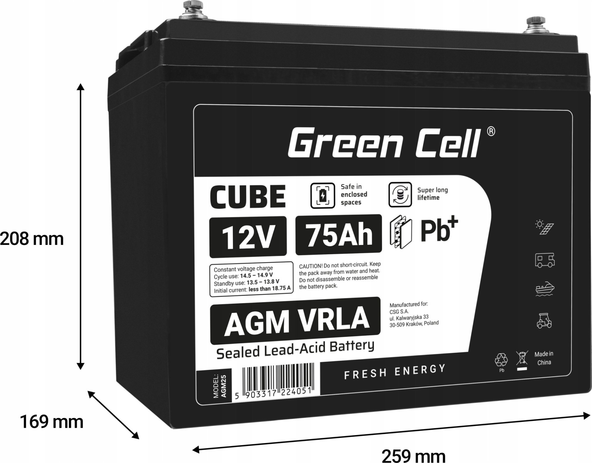 Bateri AGM Greencell 12V 75Ah VRLA, pa mirëmbajtje, gri