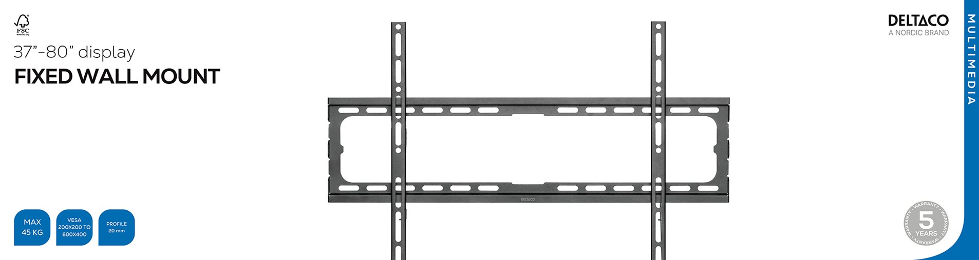 Mbajtëse muri për TV Deltaco, fikse, 37-80", 45 kg, 200 x 200 mm, e zezë