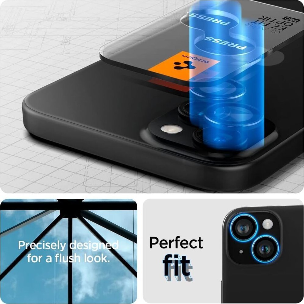 Заштита за камера Spigen Glass tR EZ Fit Optik Pro, 2 парчиња, проѕирна, за iPhone 15 15 Plus 14 14 Plus