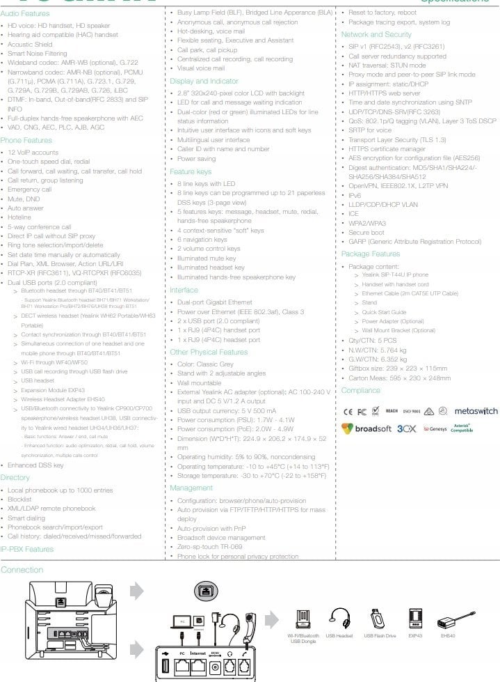 Telefoni IP Yealink SIP-T44U, 8 linja, LCD, gri