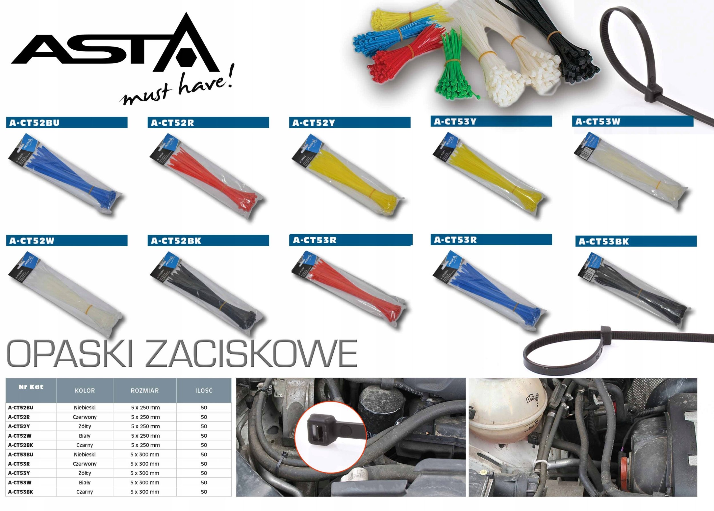 Set 250 lidhëse kabllosh ASTA, 5x250mm, najlon i fortë, ngjyra të përziera