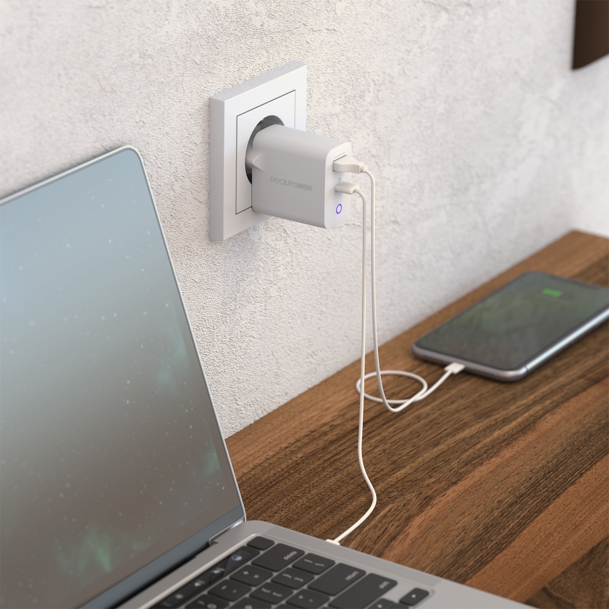 Полнач USB C RealPower PC-65, 65W, Power Delivery GaN, бел