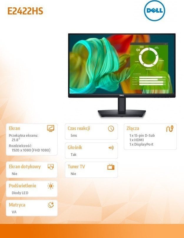 Monitor Dell E2424HS (210-BGPJ), 24'', 60Hz, 1920x1080 (FULLHD), VA, i zi