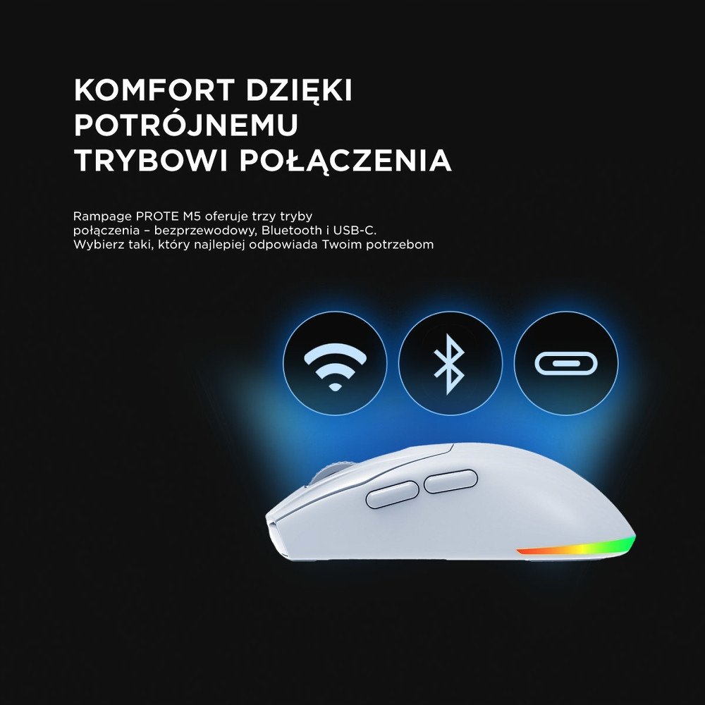 Maus за гејминг Rampage Prote M5, безжичен и со кабел, 24000 DPI, RGB, црн